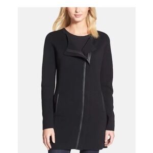 Eileen Fisher Silk Cotton Interlock Jacket Black Zip Up Leather Trim